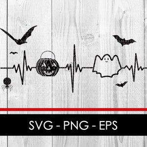 May include: Black and white silhouette design of a heartbeat with a pumpkin, ghost, and bats. The design includes the text "SVG - PNG - EPS".