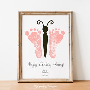Presente de aniversário imprimível para mamãe | Pegada de bebê borboleta | Presente para mãe desde bebê | Lembrança de aniversário com pegada