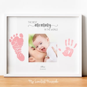 Afdrukbaar baby aandenken cadeau van baby | Het beste mama ter wereld cadeau | Babyhandafdruk, voetafdruk en fotocadeau | DIY-moederdagcadeau