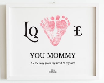 Printable footprint gift from baby | Love you mommy heart footprint | First Mother's Day gift | DIY footprint gift from baby for new mom