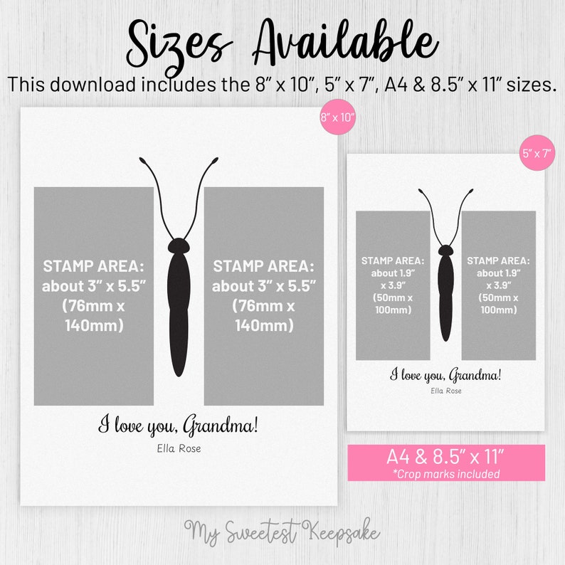 May include: Printable card template featuring a butterfly design with the text "I love you, Grandma!" and "My Sweetest Keepsake". The card is available in multiple sizes: 8 x 10 inches, 5 x 7 inches, A4, and 8.5 x 11 inches.