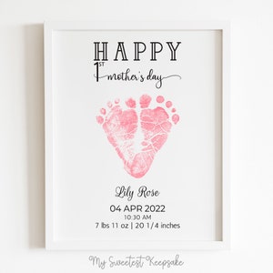 Presente de pegada imprimível para mãe | Feliz Primeiro Dia das Mães | Presente do bebê para a mãe | Quadro de detalhes de nascimento | Lembrança para mamãe