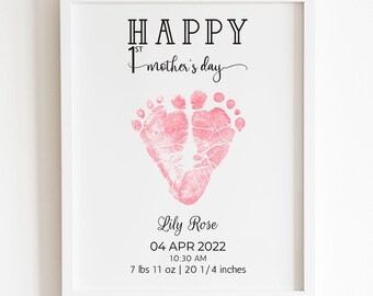 Cadeau empreinte de pas imprimable pour mère | Bonne première fête des mères | Cadeau de bébé pour maman | Cadre détails naissance | Souvenir pour maman