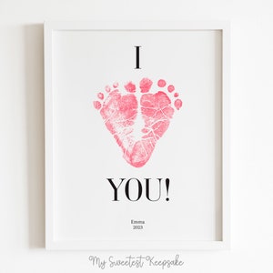 Afdrukbaar I love you-voetafdrukcadeau | Hartvoetafdrukstempel | Idee voor het eerste Vaderdagcadeau | Aandenken voetafdruk verjaardag | Cadeau van baby