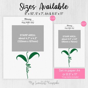 Op de afbeelding: Afdrukbare kaartensjabloon voor Moederdag met een groene plantenillustratie en de tekst "Mommy My love for you grows every day Happy Mother's Day!" Verkrijgbaar in 8x10 inch, 5x7 inch, A4 en 8,5x11 inch.