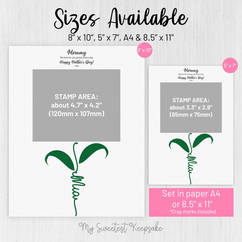 Op de afbeelding: Afdrukbare kaartensjabloon voor Moederdag met een groene plantenillustratie en de tekst "Mommy My love for you grows every day Happy Mother's Day!" Verkrijgbaar in 8x10 inch, 5x7 inch, A4 en 8,5x11 inch.