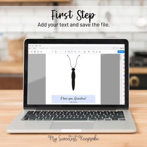 May include: A laptop screen showing a printable design for a keepsake. The design features a black silhouette of a stick insect and the text "I love you, Grandma! Ella Rose". The text "My Sweetest Keepsake" is displayed below the laptop.