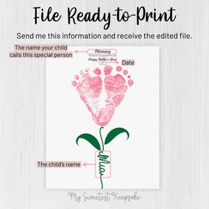 Op de afbeelding: Een printbare sjabloon voor een Moederdag-souvenir met een roze voet afdrukbloem met een groene stengel en bladeren. De tekst "Mommy" staat bovenaan de sjabloon, en de tekst "My love for you grows every day" staat eronder. De tekst "Happy Mother's Day!" staat eronder. De tekst "Date" staat rechts van de bloem. De tekst "The child's name" staat links van de stengel, en de tekst "Mian" staat op de stengel. De tekst "My Sweetest Keepsake" staat onderaan de sjabloon.