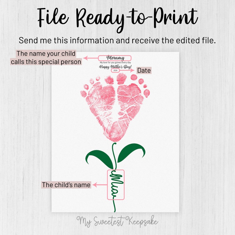 Op de afbeelding: Een printbare sjabloon voor een Moederdag-souvenir met een roze voet afdrukbloem met een groene stengel en bladeren. De tekst "Mommy" staat bovenaan de sjabloon, en de tekst "My love for you grows every day" staat eronder. De tekst "Happy Mother's Day!" staat eronder. De tekst "Date" staat rechts van de bloem. De tekst "The child's name" staat links van de stengel, en de tekst "Mian" staat op de stengel. De tekst "My Sweetest Keepsake" staat onderaan de sjabloon.