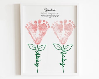 Utskrivbart blommande fotavtryck som mormorspresent från tvillingar - Mors dag-minne