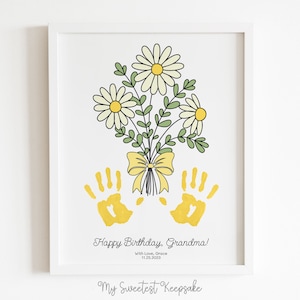 Presente de aniversário para impressão | Buquê de flores impressão da mão do bebê | Presente para vovó ou mamãe de bebê | Presente de lembrança de aniversário com impressão manual