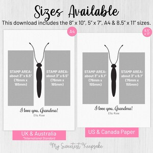 May include: Printable card template featuring a butterfly silhouette with the text "I love you, Grandma!" and the name "Ella Rose". The card is available in 8x10 inches, 5x7 inches, A4, and 8.5x11 inches. The text "UK & Australia *International Standard*" and "US & Canada Paper" is also included.