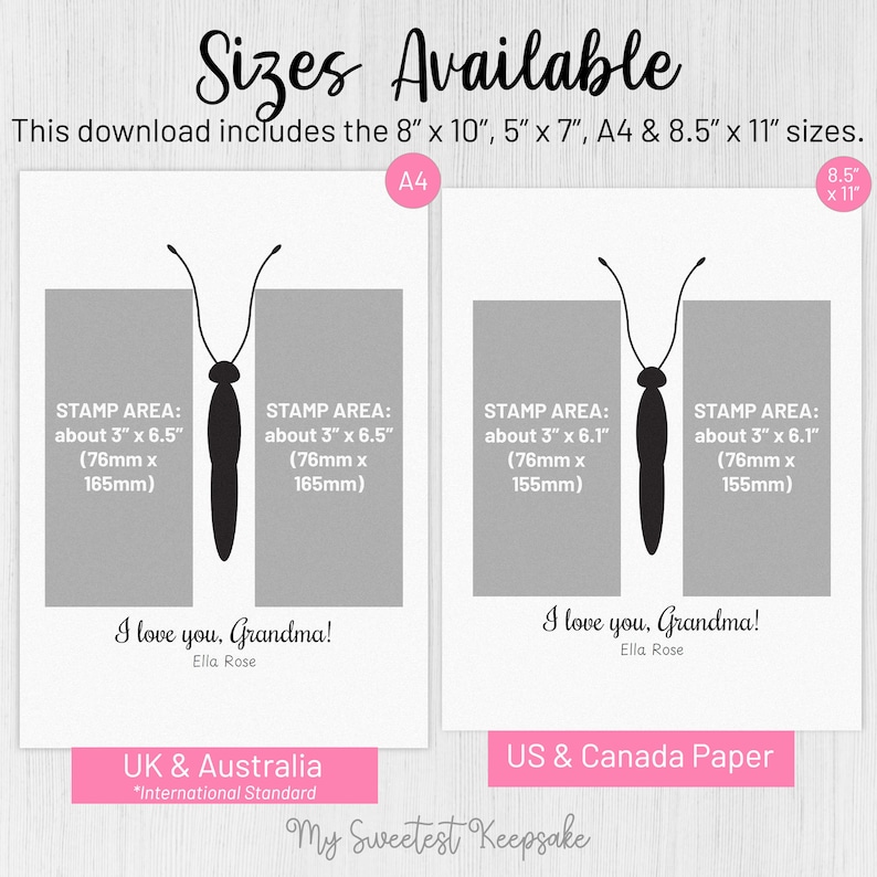 May include: Printable card template featuring a butterfly silhouette with the text "I love you, Grandma!" and the name "Ella Rose". The card is available in 8x10 inches, 5x7 inches, A4, and 8.5x11 inches. The text "UK & Australia *International Standard*" and "US & Canada Paper" is also included.