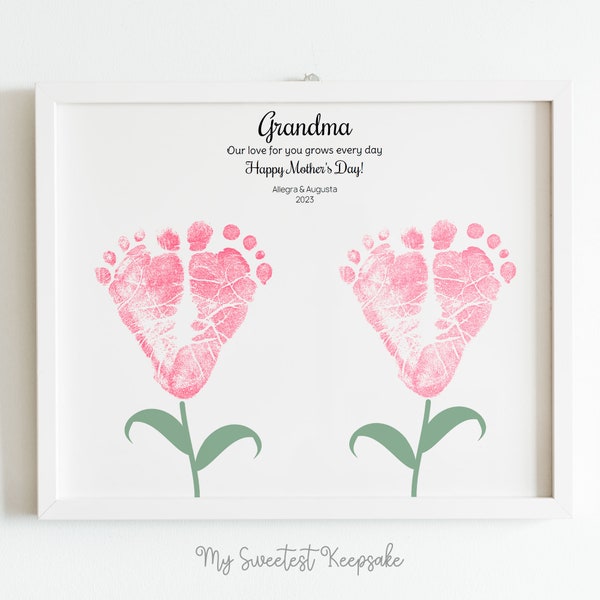 Printable twins flower footprints grandma gift | Gift from siblings | Our love for you grows every day | Gift idea | Mother's Day keepsake