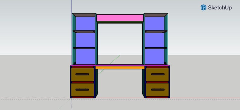 K&ouml;nnte beinhalten: Ein Computertisch-Design, gerendert in SketchUp. Der Schreibtisch verf&uuml;gt &uuml;ber zwei Schubladens&auml;tze, zwei Regaleinheiten und eine rosa Oberseite. Die Regale sind blau, die Schubladen braun und die Schreibtischoberfl&auml;che orange.