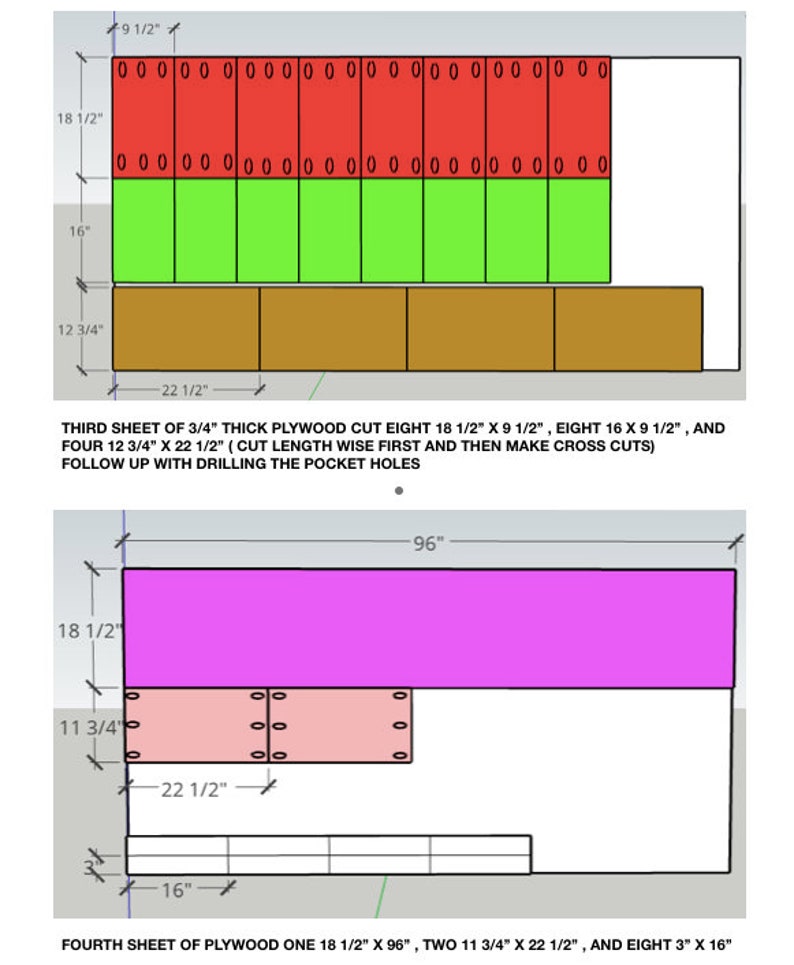 K&ouml;nnte beinhalten: Diagramm von Sperrholzzuschnitten mit Ma&szlig;en in Zoll. Der obere Abschnitt zeigt rote, gr&uuml;ne und braune rechteckige Abschnitte. Der untere Abschnitt zeigt ein gro&szlig;es rosa Rechteck, ein kleineres rosa Rechteck mit L&ouml;chern und wei&szlig;e Rechtecke. Text gibt die Zuschnittanweisungen an.