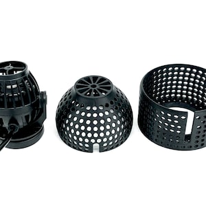 May include: A black aquarium pump with a round, perforated cover and a cylindrical, perforated cover. The pump has a black cord.
