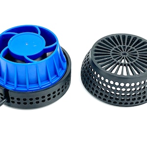 May include: A blue and black water pump with a fan and a black grate. The pump has a cord attached to it.