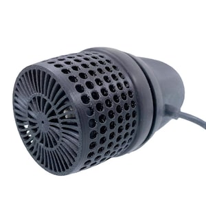 May include: A black, cylindrical device with a perforated body and a fan-like design on one end. The device has a smooth, rounded base and a wire extending from it. The object is set against a white background.