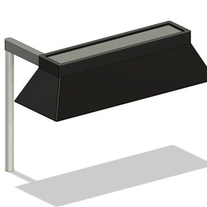 May include: A black desk lamp with a rectangular shade and a silver metal arm. The lamp is mounted to a silver metal pole.