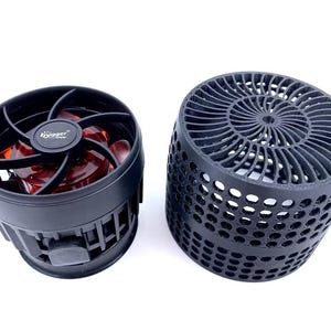 May include: Two black aquarium water pump components. One has a fan with red blades and the brand name "hygger". The other is a cylindrical cage with a spiral top and perforated sides. Both are on a white background.