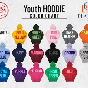 May include: Colour chart for youth hoodies showing 16 different colours. The colours include white, gold yellow, forest green, light pink, dark heather, orange, Carolina blue, navy, mardon, black, orchid, sport grey, royal blue, purple, heliconia, Irish green, and red.