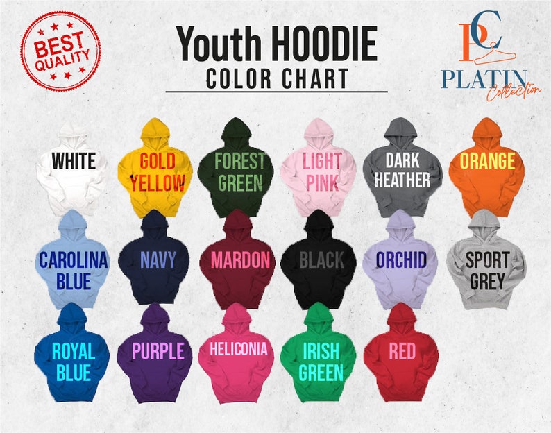 May include: Colour chart for youth hoodies showing 16 different colours. The colours include white, gold yellow, forest green, light pink, dark heather, orange, Carolina blue, navy, mardon, black, orchid, sport grey, royal blue, purple, heliconia, Irish green, and red.