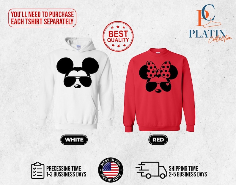 May include: Two hooded sweatshirts with a Mickey Mouse and Minnie Mouse design. The Mickey Mouse sweatshirt is white and the Minnie Mouse sweatshirt is red. Both sweatshirts feature a black and white image of the characters wearing sunglasses. The text "YOU'LL NEED TO PURCHASE EACH TSHIRT SEPARATELY" is at the top of the image.