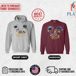 May include: Two sweatshirts with a Mickey Mouse head design featuring the Disney castle, fireworks, and other iconic elements. The sweatshirt on the left is gray and the sweatshirt on the right is maroon. The text "YOU'LL NEED TO PURCHASE EACH TSHIRT SEPARATELY" is at the top of the image. The text "BEST QUALITY" is in a star-shaped graphic above the sweatshirts. The text "SPORT GREY" is below the gray sweatshirt and the text "MAROON" is below the maroon sweatshirt. The text "MADE IN USA" is in a circle with a star-shaped graphic and the text "100% QUALITY" is below the circle. The text "PRECESSING TIME 1-3 BUSSINESS DAYS" is to the left of the circle and the text "SHIPPING TIME 2-5 BUSINESS DAYS" is to the right of the circle.