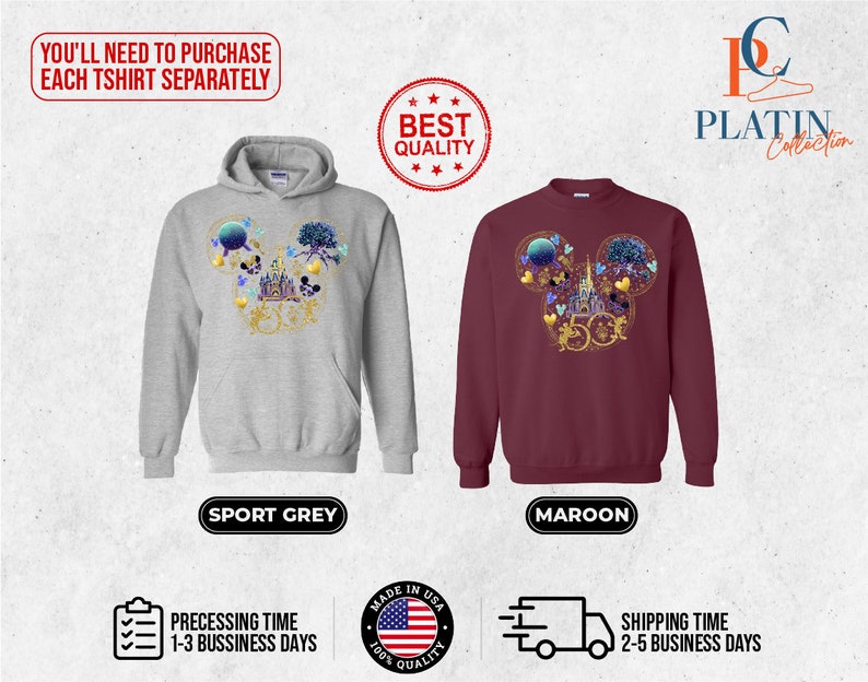 May include: Two sweatshirts with a Mickey Mouse head design featuring the Disney castle, fireworks, and other iconic elements. The sweatshirt on the left is gray and the sweatshirt on the right is maroon. The text "YOU'LL NEED TO PURCHASE EACH TSHIRT SEPARATELY" is at the top of the image. The text "BEST QUALITY" is in a star-shaped graphic above the sweatshirts. The text "SPORT GREY" is below the gray sweatshirt and the text "MAROON" is below the maroon sweatshirt. The text "MADE IN USA" is in a circle with a star-shaped graphic and the text "100% QUALITY" is below the circle. The text "PRECESSING TIME 1-3 BUSSINESS DAYS" is to the left of the circle and the text "SHIPPING TIME 2-5 BUSINESS DAYS" is to the right of the circle.