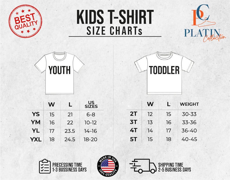 以下が含まれることがあります： 子供用Tシャツのサイズ表で、インチとアメリカのサイズで、子供用と幼児用のサイズが記載されています。表には、子供用サイズYS、YM、YL、YXLの幅、長さ、アメリカのサイズが示されています。表には、幼児用サイズ2T、3T、4T、5Tの幅、長さ、体重も示されています。