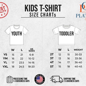 May include: Kids T-Shirt Size Chart with measurements in inches and US sizes for youth and toddler sizes. The chart shows the width, length, and US sizes for youth sizes YS, YM, YL, and YXL. The chart also shows the width, length, and weight for toddler sizes 2T, 3T, 4T, and 5T.