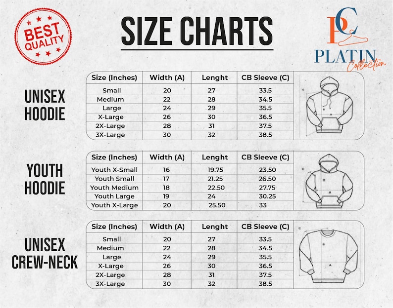 May include: Size chart for unisex hoodies and crew neck shirts. The chart shows the width, length, and sleeve length in inches for different sizes, from small to 3X-large.