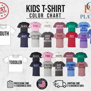 May include: Colour chart for kids' t-shirts in various colours, including black, pink, white, maroon heather, kelly green, Columbia blue heather, team purple heather, true royal heather, navy, athletic heather, dark grey heather, and mauve heather. The chart shows two sizes: youth and toddler.