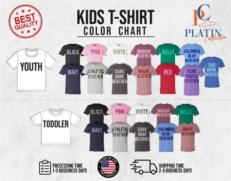 May include: Colour chart for kids' t-shirts in various colours, including black, pink, white, maroon heather, kelly green, Columbia blue heather, team purple heather, true royal heather, navy, athletic heather, dark grey heather, and mauve heather. The chart shows two sizes: youth and toddler.