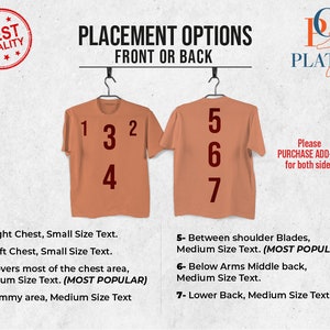 Op de afbeelding: Diagram met zeven verschillende plaatsingsopties voor tekst op een T-shirt. De opties zijn genummerd van 1 tot 7 en omvatten de borst, schouderbladen, rug en onderrug. De tekst luidt "Koop een add-on voor beide kanten".