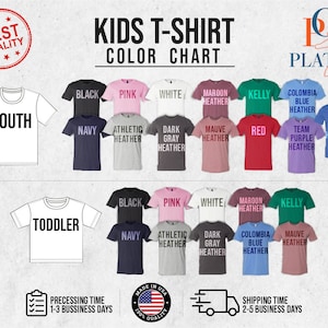 以下が含まれることがあります： 子供用Tシャツのカラーチャート。黒、ピンク、白、マロンヘザー、ケリーグリーン、コロンビアブルーヘザー、チームパープルヘザー、トゥルーロイヤルヘザー、ネイビー、アスレチックヘザー、ダークグレーヘザー、モーブヘザーなど、さまざまなカラーが用意されています。チャートには、ユースと幼児の2つのサイズが表示されています。