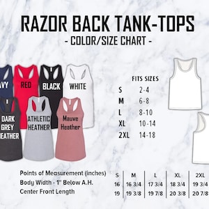 以下が含まれることがあります： さまざまな色（ネイビー、レッド、ブラック、ホワイト、ダークグレーヘザー、アスレチックヘザー、モーブヘザーなど）のレーサーバックタンクのサイズチャート。チャートには、各色に対応するサイズ（Sから2XLまで）が表示されています。チャートには、体の幅、腕の穴の下1インチ、センターフロントの長さなど、インチ単位の測定値も含まれています。