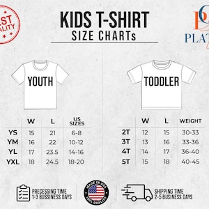 May include: Kids T-Shirt Size Chart with measurements in inches and US sizes for youth and toddler sizes. The chart shows the width, length, and US sizes for youth sizes YS, YM, YL, and YXL. The chart also shows the width, length, and weight for toddler sizes 2T, 3T, 4T, and 5T.