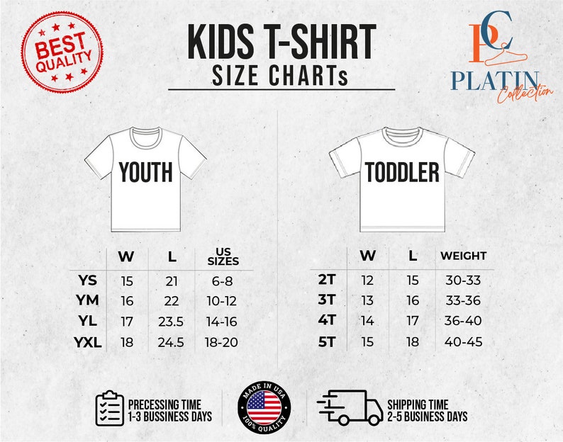 May include: Kids T-Shirt Size Chart with measurements in inches and US sizes for youth and toddler sizes. The chart shows the width, length, and US sizes for youth sizes YS, YM, YL, and YXL. The chart also shows the width, length, and weight for toddler sizes 2T, 3T, 4T, and 5T.