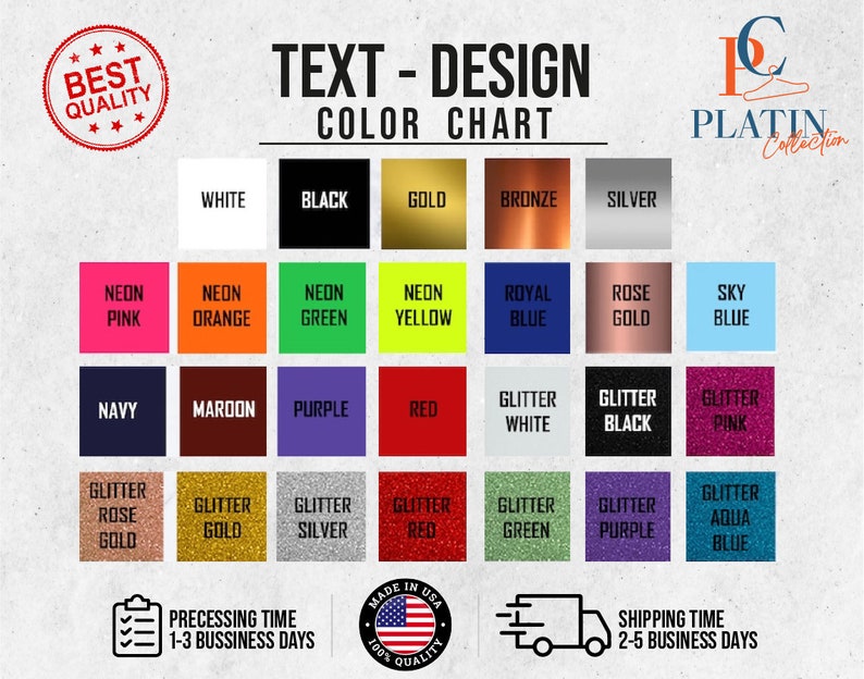 Op de afbeelding: Kleurenkaart voor tekstontwerp met een verscheidenheid aan kleuren, waaronder wit, zwart, goud, brons, zilver, neonroze, neonoranje, neongroen, neongeel, koninklijkblauw, roosgoud, hemelsblauw, marineblauw, donkerrood, paars, rood, glitterwit, glitterzwart, glitterroze, glitterrosegoud, glittergoud, glittersilver, glitterrood, glittergroen, glitterpaars en glitter aquablauw.