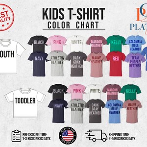 May include: Color chart for kids' t-shirts in various colors, including black, pink, white, maroon heather, kelly green, Columbia blue heather, team purple heather, true royal heather, navy, athletic heather, dark gray heather, and mauve heather. The chart shows two sizes: youth and toddler.