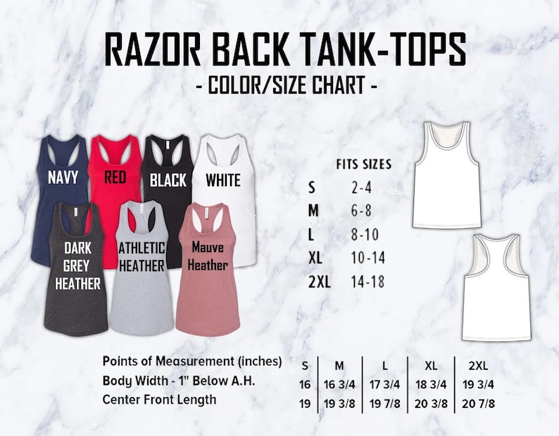 Op de afbeelding: Maattabel voor racerback tanktops in verschillende kleuren, waaronder marineblauw, rood, zwart, wit, donkergrijs melange, atletisch melange en mauve melange. De tabel toont de overeenkomstige maten voor elke kleur, vari&euml;rend van S tot 2XL. De tabel bevat ook metingen in inches voor de breedte van het lichaam, 1 inch onder de oksel en de lengte van de voorste middenlijn.