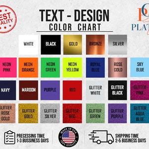 May include: Colour chart for text design with a variety of colours including white, black, gold, bronze, silver, neon pink, neon orange, neon green, neon yellow, royal blue, rose gold, sky blue, navy, maroon, purple, red, glitter white, glitter black, glitter pink, glitter rose gold, glitter gold, glitter silver, glitter red, glitter green, glitter purple, and glitter aqua blue.