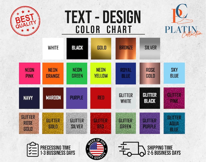May include: Colour chart for text design with a variety of colours including white, black, gold, bronze, silver, neon pink, neon orange, neon green, neon yellow, royal blue, rose gold, sky blue, navy, maroon, purple, red, glitter white, glitter black, glitter pink, glitter rose gold, glitter gold, glitter silver, glitter red, glitter green, glitter purple, and glitter aqua blue.