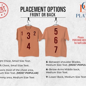 以下が含まれることがあります： Tシャツにテキストを配置する7つの異なるオプションを示す図。オプションは1から7まで番号が付けられており、胸、肩甲骨、背中、腰が含まれています。テキストには「両側に追加購入してください」と書いてあります。