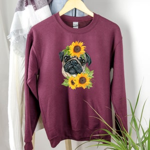 Pug with Sunflowers Hoodie, Dog Lover Sweatshirt, Dog Mom Sweatshirt, Animal Hoodie, Pug Lover Sweater, Dog Owner Sweatshirt, Pug Sweatshirt