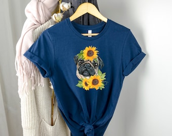 Carlin avec chemise de tournesols, chemise de carlin mignon, chemise de carlin, amant de carlin, chemise d'amant de chien, cadeau pour un ami, chemise d'amant d'animal, cadeau pour l'amant de chien