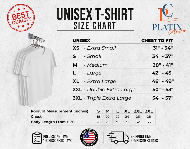 Op de afbeelding: Unisex t-shirt maattabel met metingen in inches voor borst, lichaamslengte vanaf het hoogste punt van de schouder en maten XS, S, M, L, XL, 2XL en 3XL.
