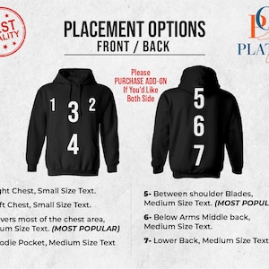 May include: Placement options for a black hooded sweatshirt. The front of the sweatshirt has numbers 1, 3, 2, and 4, while the back has numbers 5, 6, and 7. The text below the images describes the placement options for each number.